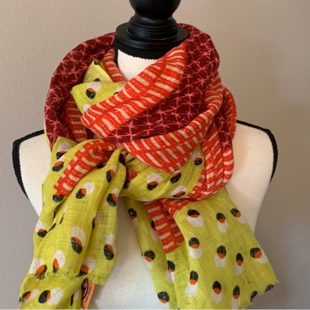 Tory Burch 100 % Linen Mixed Print Scarf Orange,Yellow, Burgundy